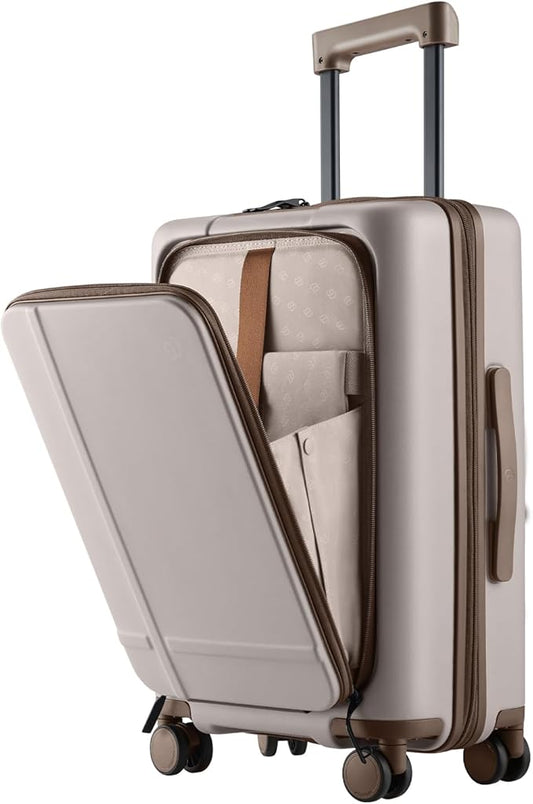 NINETYGO Carry On Luggage 22x14x9 Airline Approved, 20 Inch Suitcase with Front Compartment, Coffee-Infused PC Hard Shell, Eco-Friendly, Cup Holder, Clamshell, TSA Lock, Spinner Wheels (Flat White)