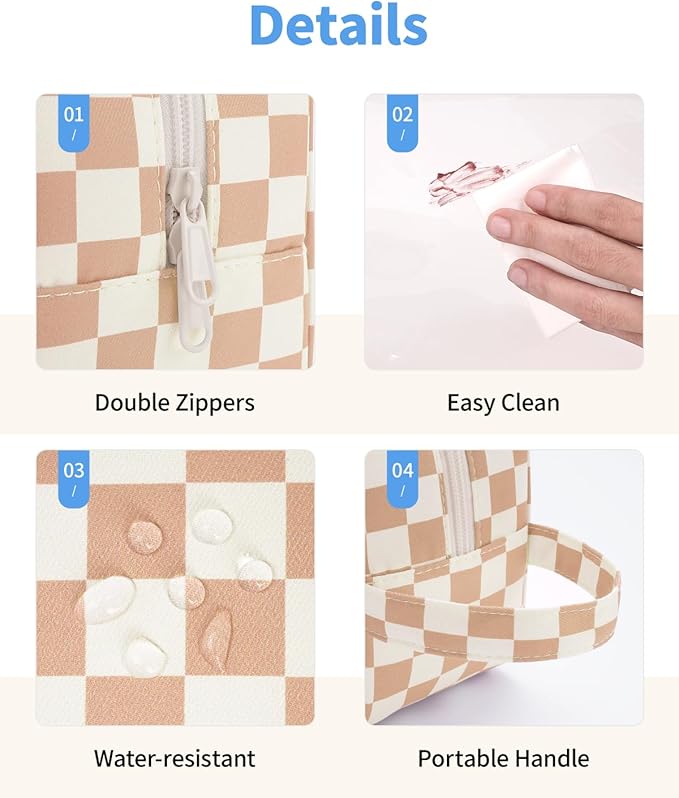 Narwey Clear Toiletry Bags for Traveling Women Men, Clear Travel Bags for Toiletries Makeup Bag Cosmetic Bag with Zipper, Make Up Organizer, Skincare Bag (Light Brown Checkerboard)