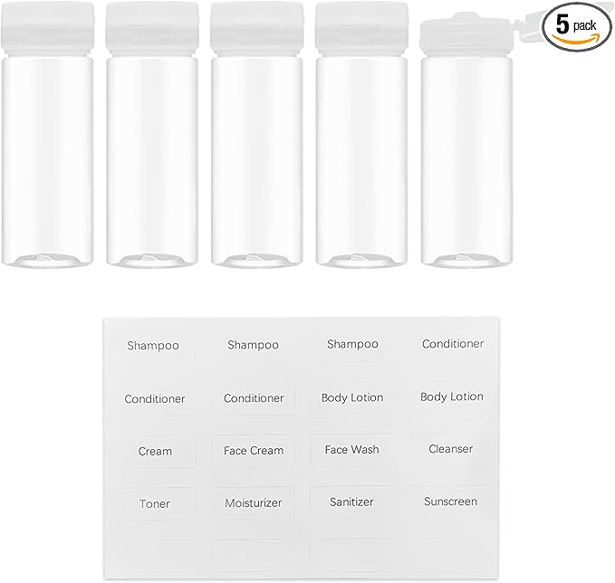 Venicor 5 Pack 3.4 oz (100ml) Travel Bottles for Toiletries - TSA Approved Plastic Empty Travel Size Shampoo Bottles Containers with Labels - Wide Mouth