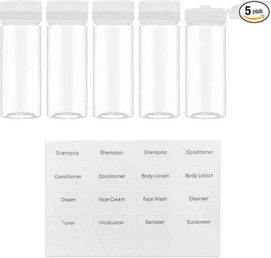 Venicor 5 Pack 3.4 oz (100ml) Travel Bottles for Toiletries - TSA Approved Plastic Empty Travel Size Shampoo Bottles Containers with Labels - Wide Mouth