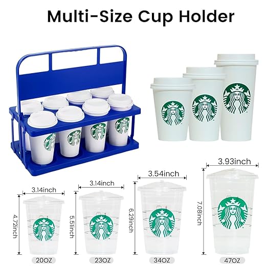 Bodaon 8 Cup Drink Carrier with Handle, Plastic Cup Carriers for Drinks, Drink Holder for Car, Take Out Delivery Drivers Accessories, Portable Foldable Reusable Mobile, Use for Food Delivery Bag, Blue
