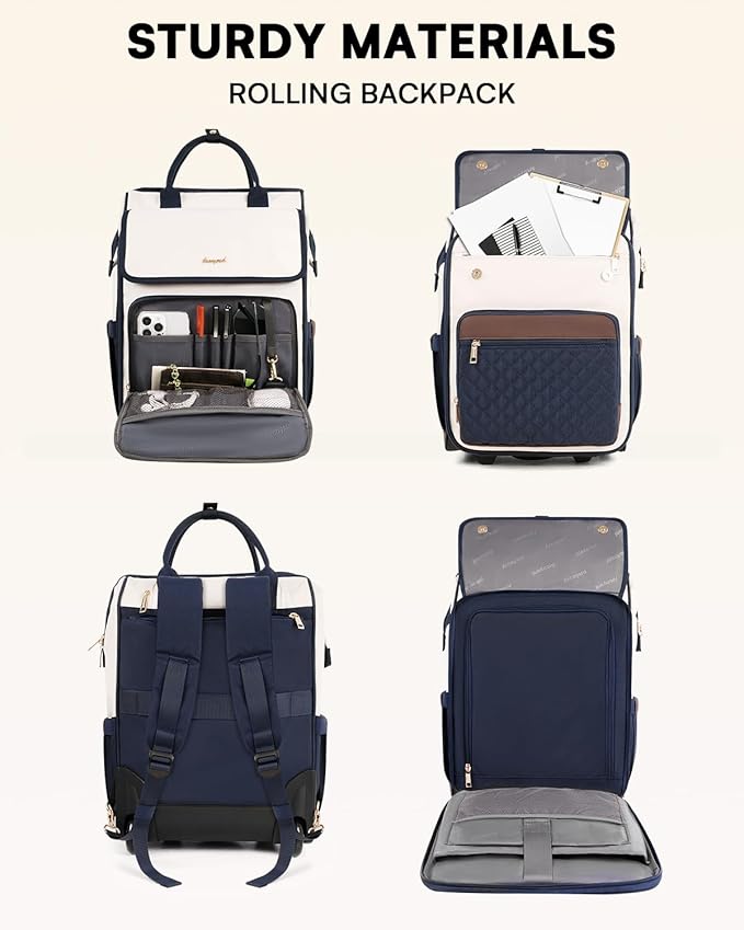 Rolling Backpack for Women, Travel Rolling Laptop Backpack with Wheels, Vertical & Horizontal Storage 2 In 1, Flip-Top Design, Water-Resistant Overnight College Underseat Carry on Luggage, Navy Blue