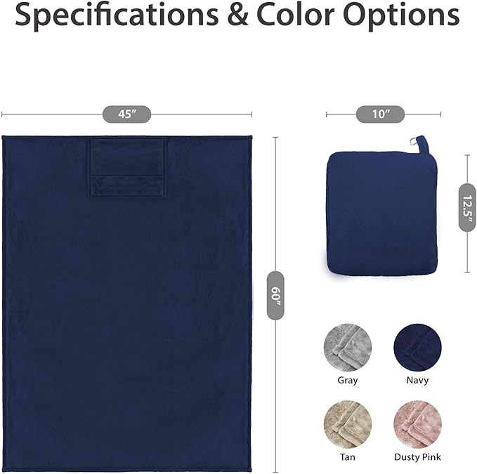 DEZ FURNISHINGS 4-in-1 Travel Compact Blanket Pillow Super Soft Velvet with Luggage Sleeve and Backpack Clip, Navy, 60" x 45"