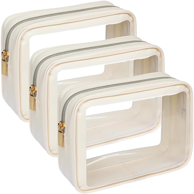 F-color TSA Approved Toiletry Bag 3 Pack Medium - Clear Makeup Bag Travel Quart Size for Women Men, Clear Cosmetic Bag Airport Airline Compliant Carry on Bag, Beige