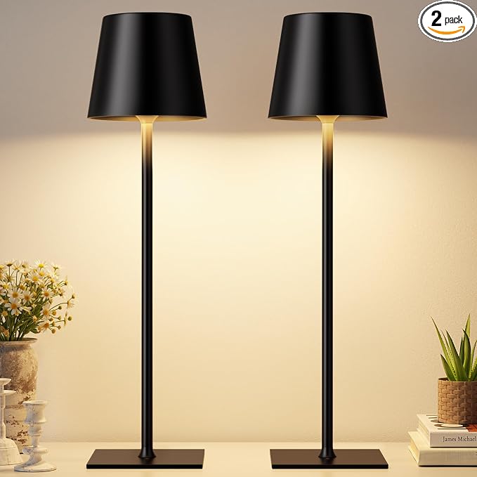 Kakanuo Black Cordless Rechargeable Table Lamp, 2 Pack Portable Desk Lamp with 5000mAh Battery, Touch Control Stepless Dimming, Wireless Night Light for Dining, Outdoor Camping, Coffee Shop