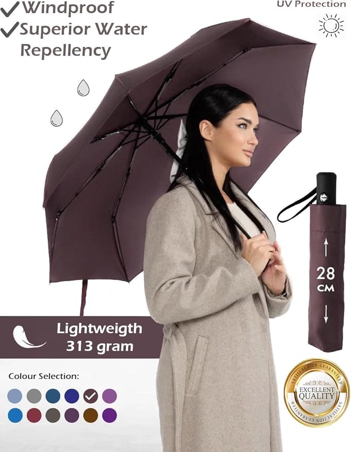 Windproof Travel Umbrella - Compact, Light, Full Automatic Open/Close - Folding Backpack Umbrella for Rain & Sun UV Preotection For Men & Women, Unbreakable 8 Fiberglass Ribs UK Design