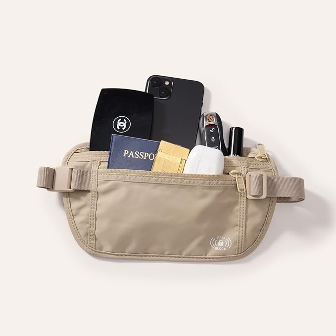 Pander RFID Blocking Travel Money Belt – Hidden Waist Pouch for Passport, Cash, Cards, Slim Belt Bag for Men and Women, Raw Line