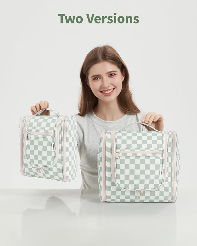 Narwey Hanging Travel Toiletry Bag for Women, Travel Bag for Toiletries, Checkered Makeup Bag Organizer, Cosmetic Make Up Bags for Travel Size Essentials, Skincare, Brushes (Mint Green Checkerboard)