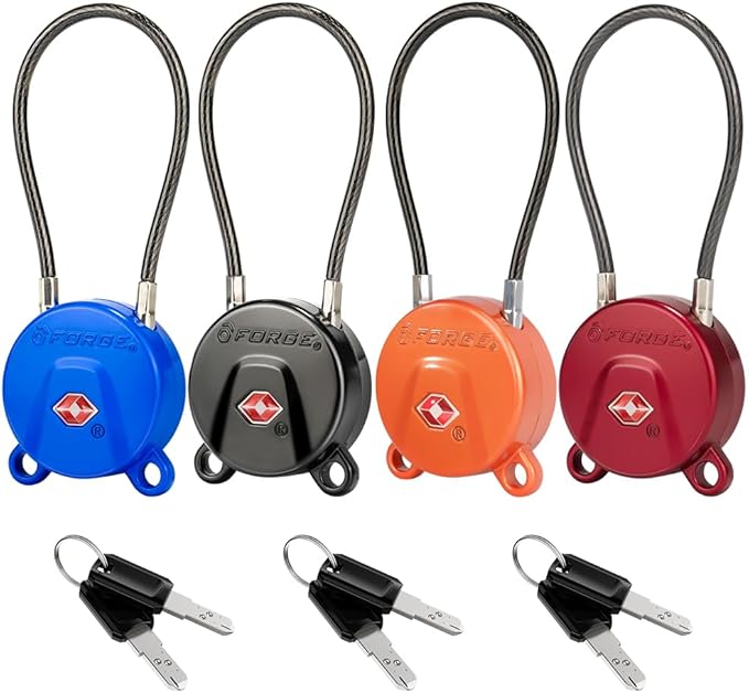 Forge TSA Approved Luggage Locks Ultra-Secure Dimple Key Travel Cable Locks with Zinc Alloy Body- 4 Locks, Black, Blue, red, Green.