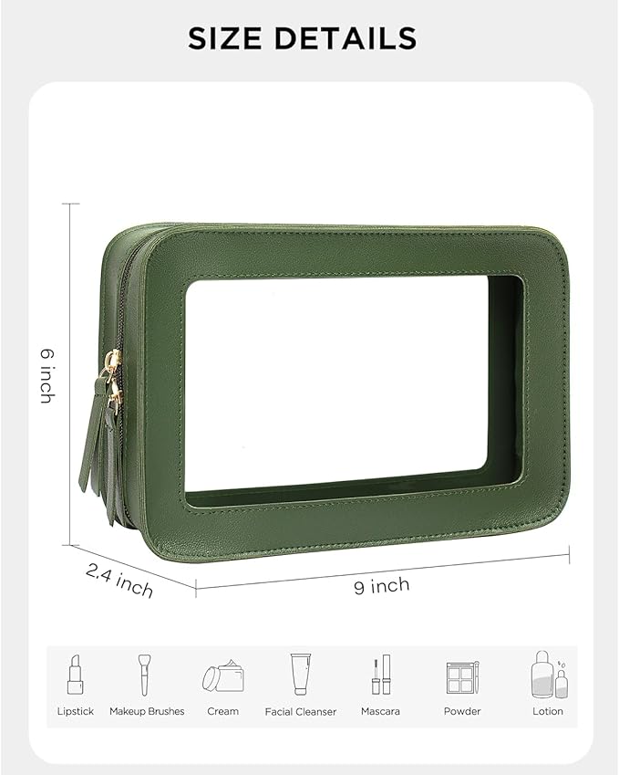 LETGO Clear Makeup Bags, TSA Approved Toiletry Bag with Zipper, Travel Makeup Organizer Fit Carry-on Travel Essentials,Small Cosmetic Bags Pouch for Women Men (Clear-Vintage Green)