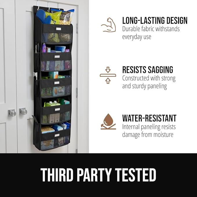 GORILLA GRIP Over The Door Organizer Storage, 5 Deep Hanging Shelves, Holds 50lbs, Closet Organizers Shelf for Bedroom, Shoes, Bathroom, Nursery, Dorm Essentials, 3 Metal Hooks, 58x15 Inches, Black