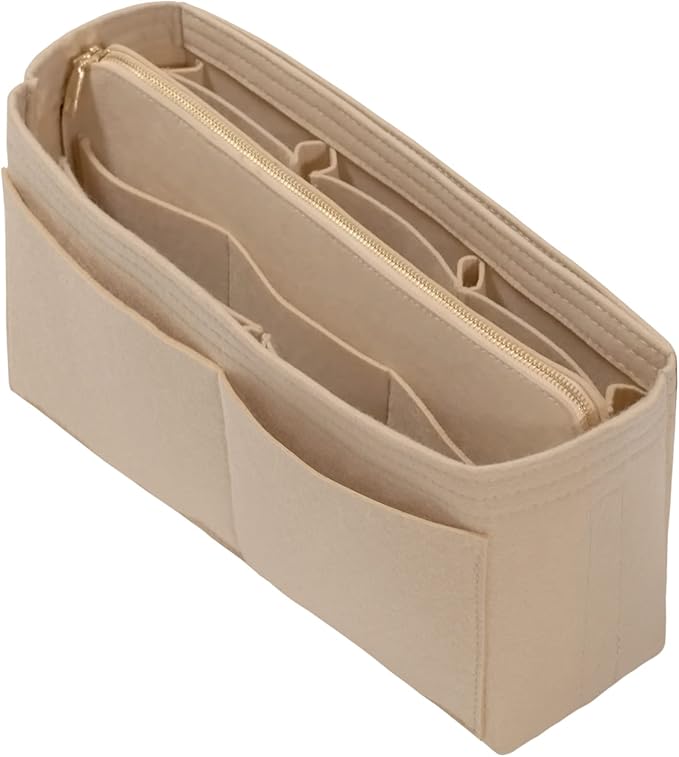 DailyPlus Purse Organizer Insert with Zipper Felt Bag Organizer Handbag Organizer Insert Bag in Bag Organizer with Key Chain for Tote Purse Bag Beige Slender-Medium