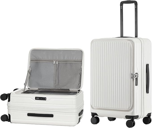 24 Inch Top Opening Expandable Checked Travel Luggage with Spinner Wheels,All PC Hard Shell Hardside Lightweight Medium Suitcase with TSA Approved Cup Holder for Business Trips Woman Men,White