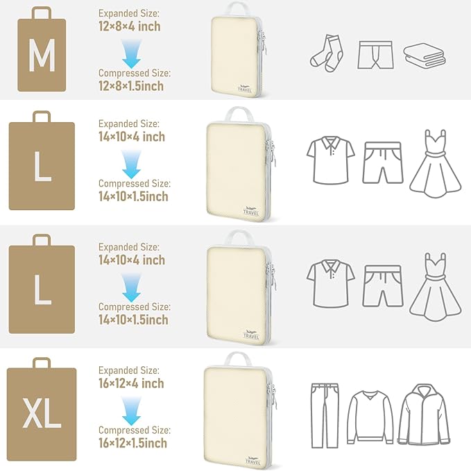 4 Set Compression Packing Cubes, Suitcase Organizer, Lightweight Travel Essentials, Compression Bags For Travel Accessories Luggage Storage Set (4 Pcs, Beige)