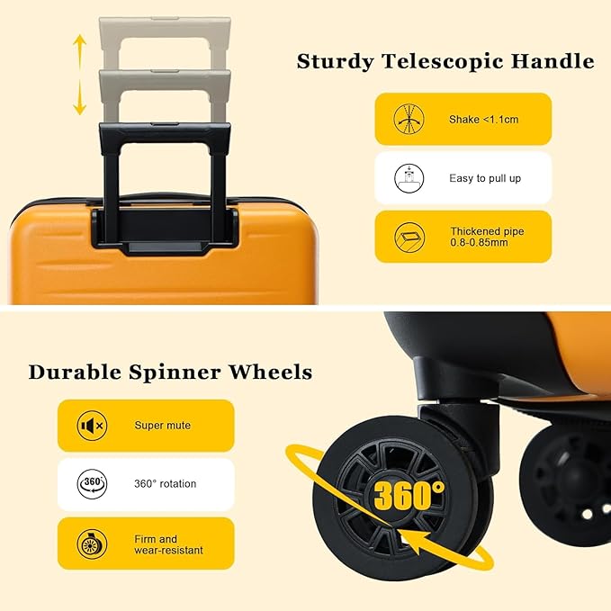 16 Inch Underseat Carry On Luggage Airline Approved, Expandable Lightweight ABS+PC Hard Shell Suitcases with 360° Spinner Wheels, TSA Lock, YKK Zipper, for Business Weekender (Orange, 1 PC)