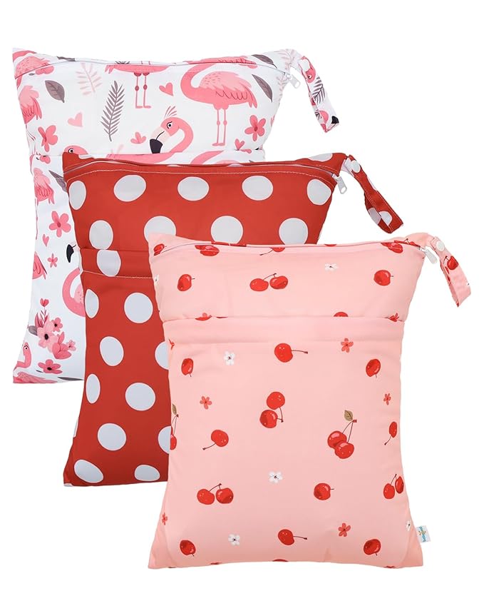 babygoal Wet Dry Bags 3 Pack, Waterproof Travel Bags for Swimsuits, Beach, Pool, Gym,Food Storage and Wet Clothes(Cherry,Flamingo,Polka Dot),3LN42-B
