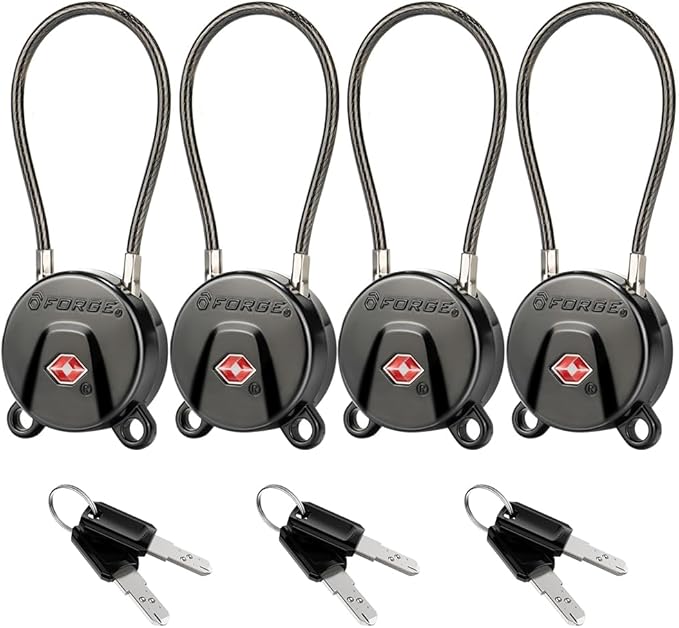 Forge TSA Approved Luggage Locks Ultra-Secure Dimple Key Travel Locks with Zinc Alloy Body- Black 4 Cable Locks