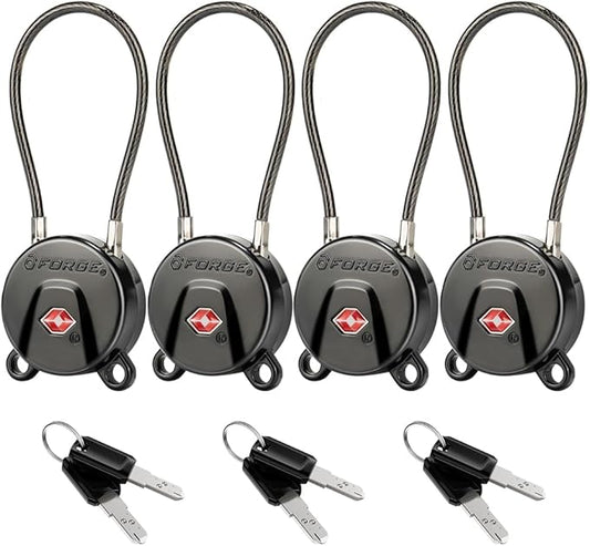 Forge TSA Approved Luggage Locks Ultra-Secure Dimple Key Travel Locks with Zinc Alloy Body- Black 4 Cable Locks