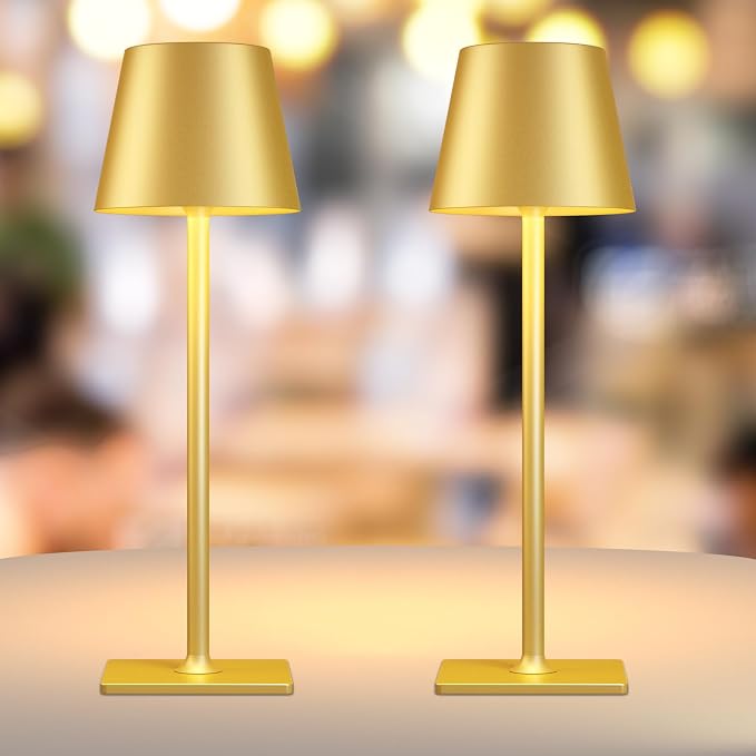 Yogaret Gold Rechargeable Cordless Table Lamp, Battery Operated, 2 Pack | 6000mAh battery lamps waterproof wireless portable design for outdoor patio, dining tables, kitchens, restaurants home bar