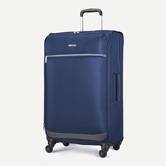 Amazon Basics 28" Large Checked Softside Expandable Suitcase with 360-Degree Multi-directional Spinner Wheels, Zippered Pockets, Telescoping Handle, Spacious, Navy Blue