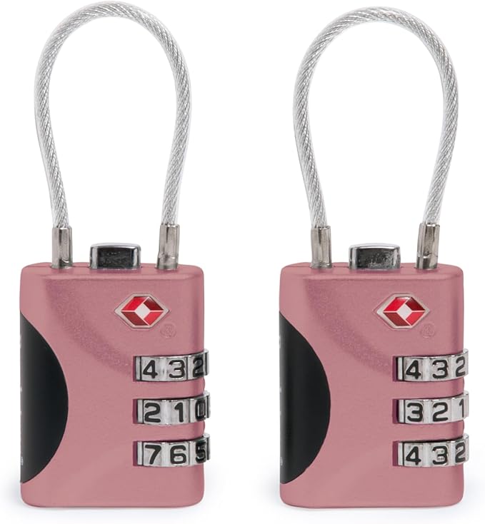Brookstone Cable Lock - 2 Pack TSA-Approved 3-Digit Keyless Luggage Travel Lock - Resettable Combination Wire Padlock, Lilac Ice