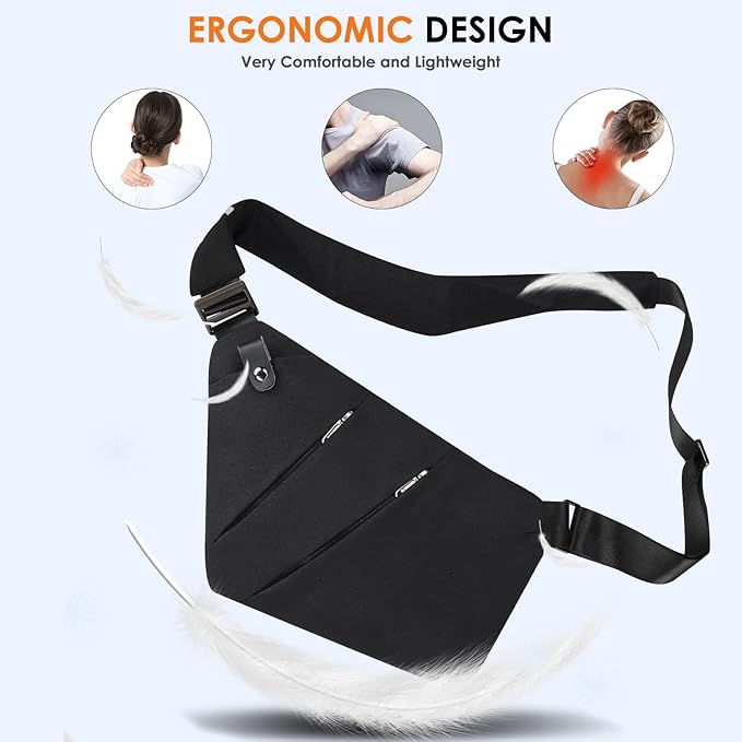 Anti Theft Crossbody Bags for Women Men Travel Sling Bag with Personal Pocket Theft Resistant Sling Backpack Shoulder Bag for Sports Hiking Traveling Running, Black