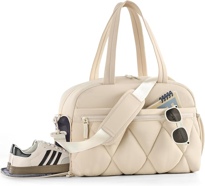 Gym Bag for Women, Puffer Travel Duffle Bag With Shoes Compartment & Wet Pocket, Carry On Tote Bag For Weekender, Overnight, Sport duffel bags for traveling (Beige, Medium)