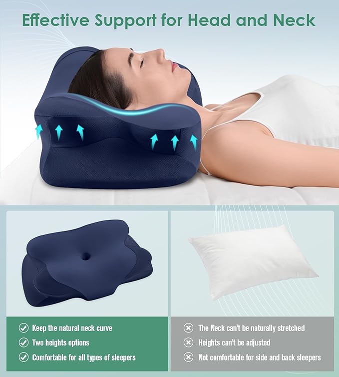 DONAMA Cervical Pillow for Sleeping, Contour Memory Foam Pillow for Neck and Shoulder Support, Ergonomic Neck Pillow for Side Back Stomach Sleepers, Bed Pillows with Cooling Pillowcase