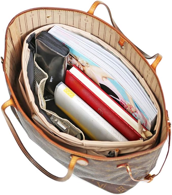 iN. Purse Organizer Insert with zipper, Nylon fabric Storage Bag with handles, for womens Handbags & Tote bags, neverfull, lightweight small sized Beige