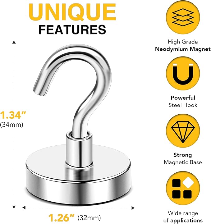 DIYMAG Magnetic Hooks,120 lb Heavy Duty Strong Magnet with Hook for Hanging Rare Earth Neodymium Magnet for Fridge Kitchen Cruise Grill Garage and Storage 12 Packs