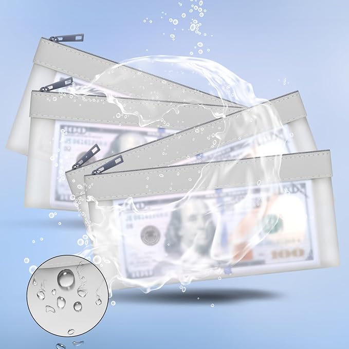 4 Pieces Money Bags With Zipper, Cash Bag,7.6 x 3.7 inch Money Pouch,Bank Bag, Coin Bag for Collectors,Clear Bank Deposit Bags,Multi-Purpose Check Wallet （Silver）