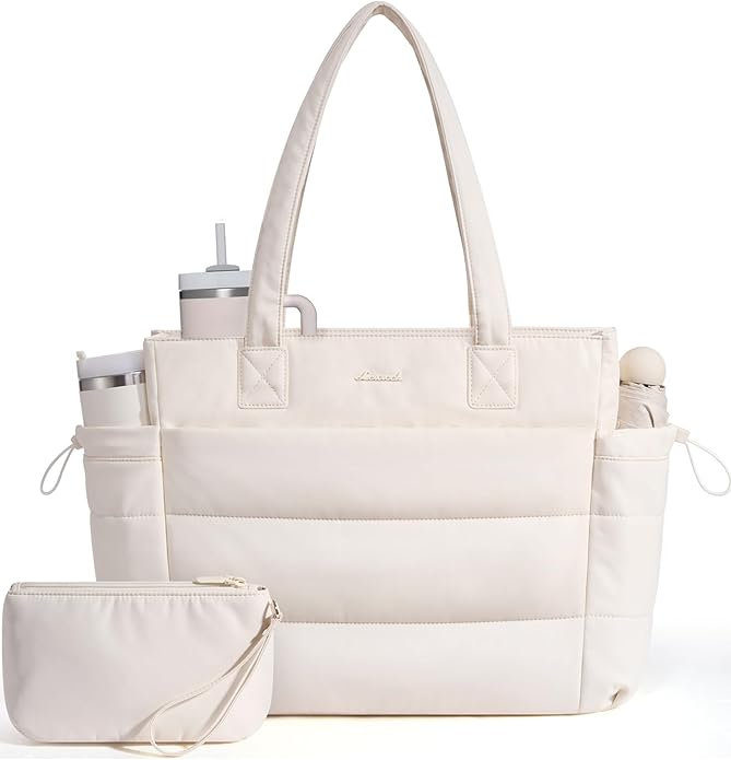 LOVEVOOK Tote Bag for Women with Giant Tumbler Holder Pocket, Puffer Work Travel Laptop Handbag with Zipper for Nurse Teacher
