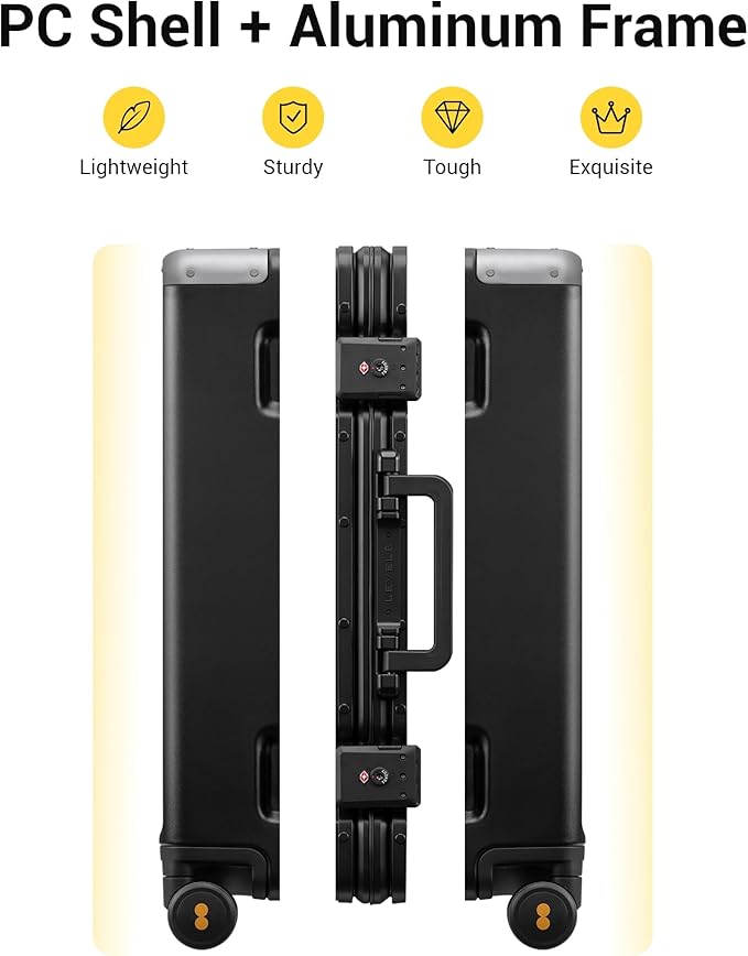 LEVEL8 Zipperless Checked Luggage with Aluminum Frame, Upgraded Medium Hardside Suitcase with Spinner Wheels, Metal Travel Luggage with Double Tsa Locks, 24 Inch, Black
