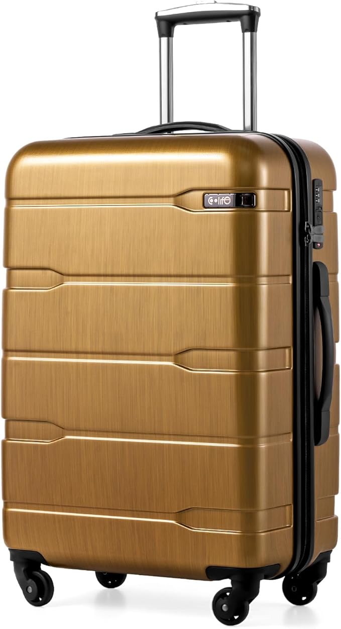 Coolife Medium Checked Luggage Hardside PC+ABS Suitcase with TSA Lock, Lightweight Rolling Carry On with Spinner Wheels(Black Brown, 24in)