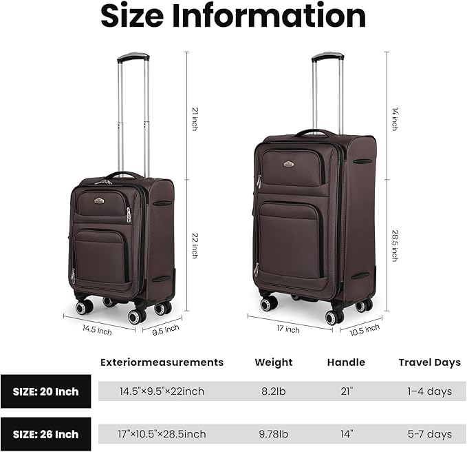 Softside Luggage Sets 2 Piece,Expandable 15% Lightweight Durable Suitcase Sets Double Spinner Wheels w/Combination LOCK （Coffee,20in/26in）