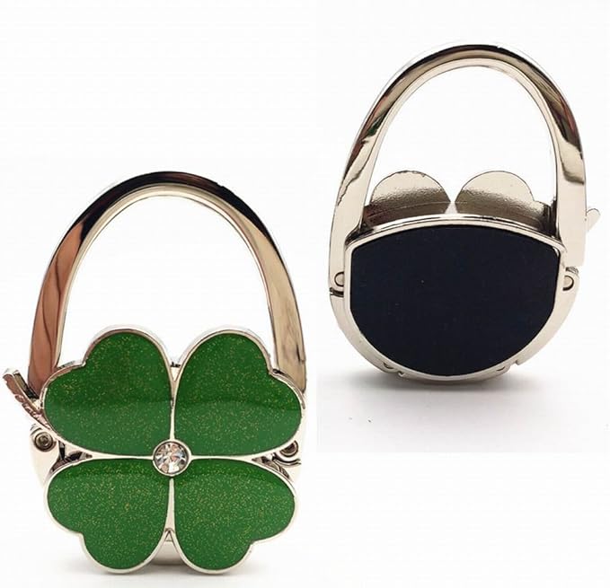 ROFLYER Four Leaf Clover Design Foldable Handbag Hanger Folding Purse Table Hook Holder, with Velvet Pouch(Green)