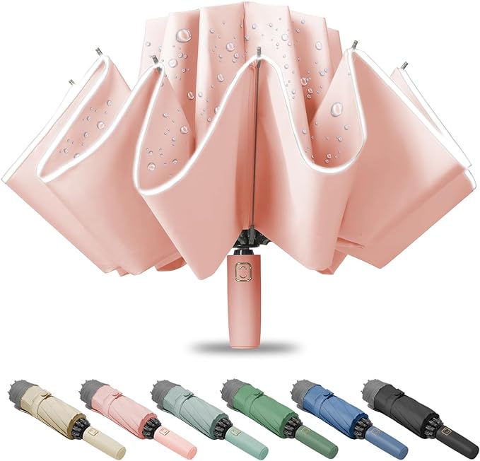 Fogkey Large Windproof Travel Umbrella, Portable Reverse Folding Car Umbrella, Compact Inverted Design with Waterproof Canopy, Automatic, 10 Durable Ribs, 45.6/13 Inch, Fits Backpack