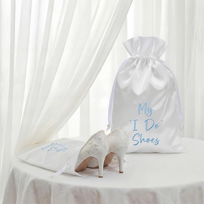 Bride Shoe Bag 11" x 9" Satin Wedding Shoe Storage Pouch with Drawstring Bridal Shower Gifts for Engagement Honeymoon