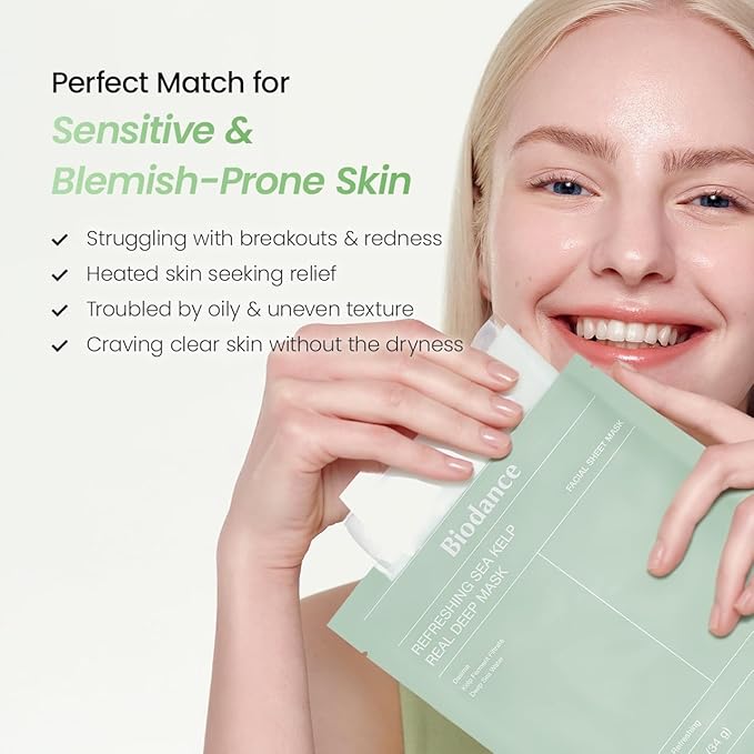 BIODANCE Refreshing Sea kelp Real Deep Mask, Overnight Hydrogel Face Mask, Calming, Oil & Sebum Control, Blemish Care, After Sun Care, Sunburn Relief, Korean Skin Care | 1.19oz(34g) x 4ea