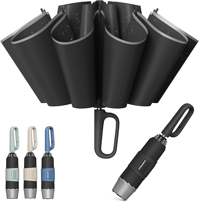 QWB TUMAAOTU Inverted Umbrella with Carabiner Handle, Compact Wind Proof Umbrellas For Rain and Sun Protection, Portable Reverse Folding Umbrella, Car Umbrella for Women Men, 10 Ribs