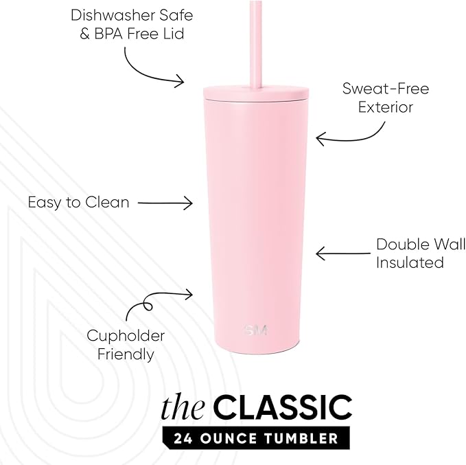Simple Modern Classic Tumbler with Straw Lid | Insulated Iced Coffee Cup Reusable Stainless Steel Water Bottle Travel Mug | Gifts for Women Men Her Him | 24oz | Blush