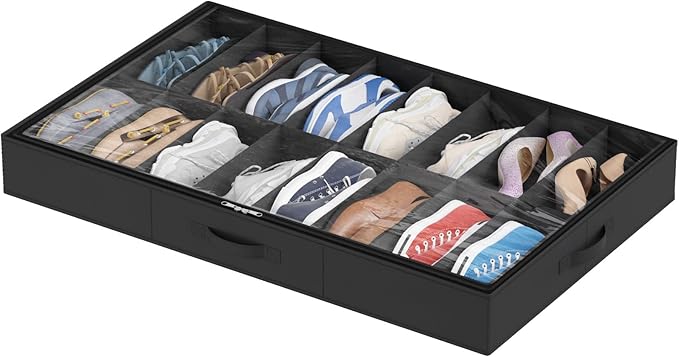 Lifewit Under Bed Shoe Storage Organizer 1 Pack(16 Pairs), 4.3" Tall Fabric Shoes Container Box, Foldable Closet Shoe Bag with 2 Reinforced Handles and Clear Cover, Black