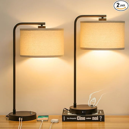 Tall Table Lamps Set of 2, Fully Dimmable Bedside Lamp with USB C+A Ports | 25" Modern Nightstand Lamps with Linen Fabric Shades, Reading Desk Lamp for Bedroom Living Room Office, LED Bulb Included