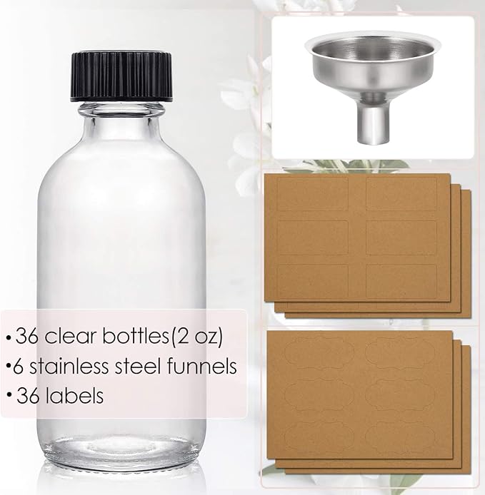 36 Pack, 2 oz Small Clear Glass Bottles w/Lid & 6 Stainless Steel Funnels - 60ml Boston Sample Bottles - Mini Travel Essential or Decorative Bottles for Potion, Juice, Wellness, Ginger Shots, Whiskey