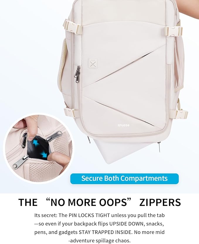 ECOHUB 17" Small Unisex Travel Backpack United Airlines Approved 17x10x9 Friendly Suitcase Anti-Theft Lockable Zippers Style Personal Item Bag Travel Essentials with 12 Pockets Water Resistant, White