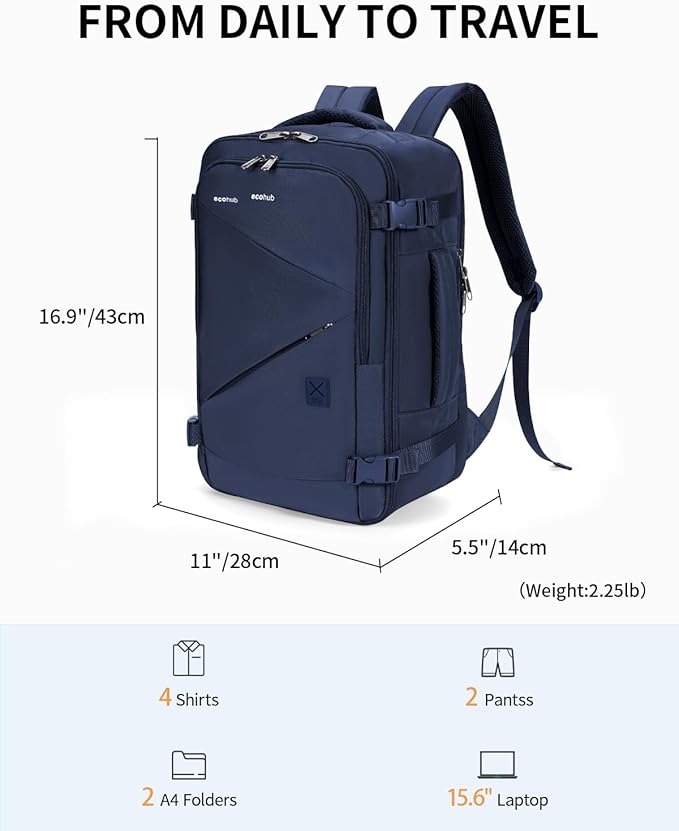 ECOHUB 17" Small Unisex Travel Backpack United Airlines Approved 17x10x9 Friendly Suitcase Anti-Theft Lockable Zippers Style Personal Item Bag Travel Essentials with 12 Pockets Water Resistant, Blue