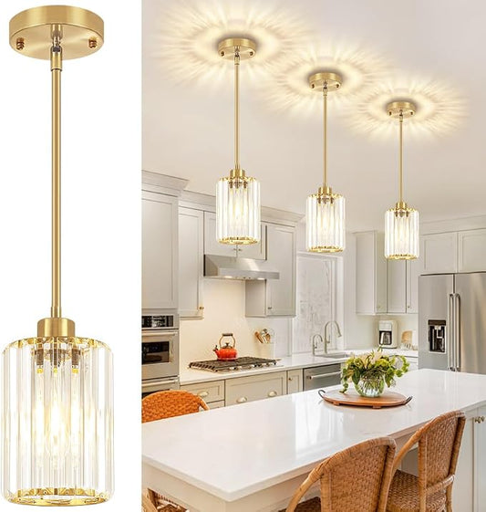 3 Pack Brushed Brass Pendant Lights Over Island Kitchen Light Fixture | Adjustable Height Hallway Ceiling Lights, Modern Crystal Hanging Pendant Lighting for Dining Room Bathroom Above Sink