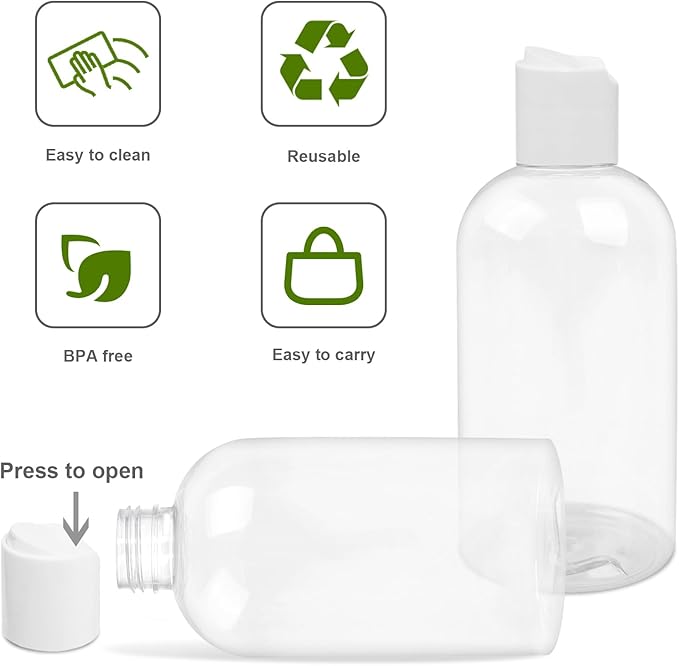 2 Pack 8 oz Plastic Bottles with white Disc Caps Clear Empty Reusable Leak-Proof Travel Squeeze Containers for Shampoo Conditioner Liquid Soap Toiletries