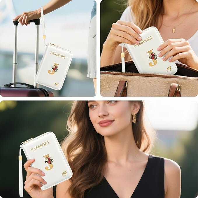 Passport Holder for Travel Personalized Passport Holder Initial Letter Rose Flower RFID Blocking Travel Wallets Credit Cards Holder for Women Men, White J