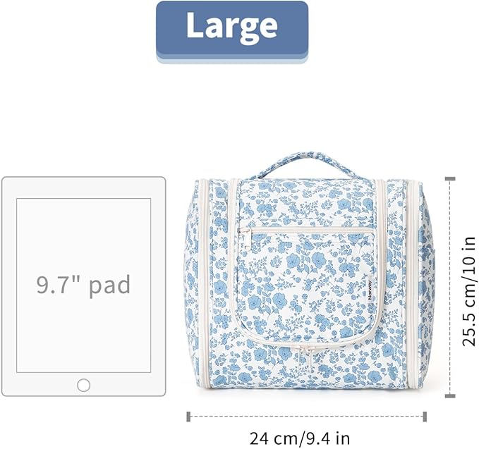 Narwey Large Hanging Toiletry Bag for Women Travel Makeup Bag Make up Organizer Toiletries Bag for Cosmetics Essentials Accessories (Large, Blue Flower)